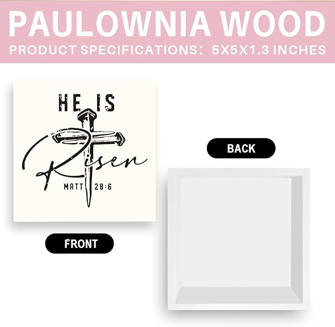 Inspirational Christian Sign Christian Decor Rustic Farmhouse Religious Jesus Decorations Gifts for Women Home Office Desk Table Shelf Decor He Is Risen Matt 28:6 Wooden Sign 5 X 5 Inch