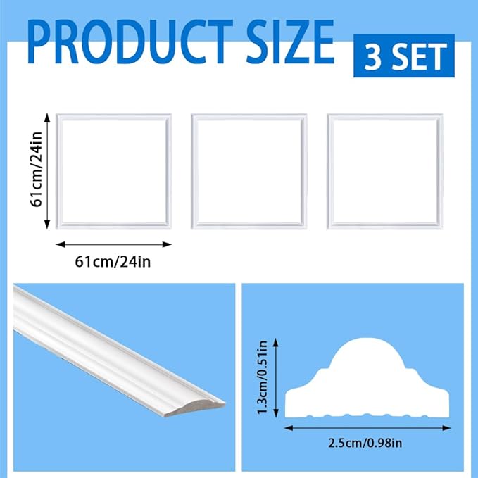 3 Frames 24 x 24” Premade Wainscoting Panels, Pre-Cut Accent WallMolding Kit, WallPanels for Interior WallDecor