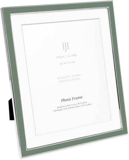 Isaac Jacobs 10x12 (Matted 8x10) Rosemary Green Enamel Picture Frame with Silver Metal Edge and Easel, Tabletop Display, Wall Décor, Photo Gallery, (10x12 (Matted 8x10), Rosemary Green with Silver)