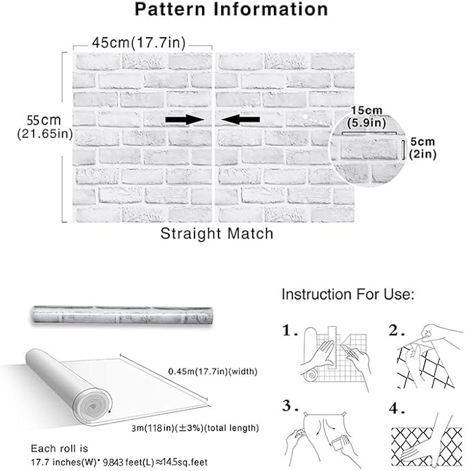 Cohoo Home Brick Wallpaper Peel and Stick Contact Paper 120inL 18inW Faux 3D Brick Contact Paper for Wall White Gray Self Adhesive Removable Wallpaper Backsplash Bedroom Wall Sticky Waterproof Thick