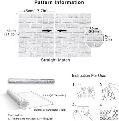 Cohoo Home Brick Wallpaper Peel and Stick Contact Paper 120inL 18inW Faux 3D Brick Contact Paper for Wall White Gray Self Adhesive Removable Wallpaper Backsplash Bedroom Wall Sticky Waterproof Thick