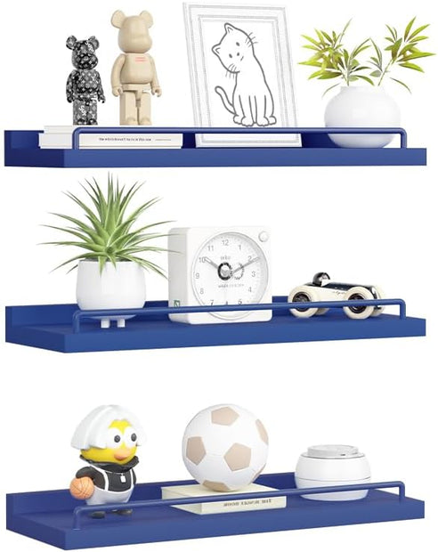 Floating Shelves, Bathroom Decor Shelves Over Toilet, Farmhouse Wall Shelves for Living Room, Bedroom, Picture Frames, Plants, Kitchen, Set of 3 (Dark Blue)