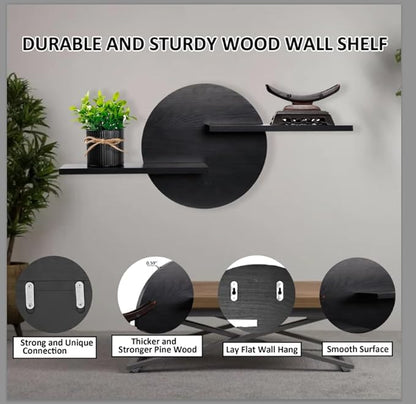Black Circle Wood Wall Floating Shelf, Round Decorative Display Wall Mount Shelf, Hanging Shelves for Living Room, Bedroom, Bathroom, Home Office Wooden Wall Art Decor