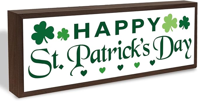 Happy St. Patrick's Day Wooden Table Sign, Farmhouse Framed Block Signs, Shamrock Decors, Clover Beautiful Home Decor Sign, Shelf Tabletop Decoration, Irish Gift, 9.5x3.1x1 inches