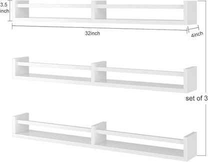 White Nursery Bookshelves,32Inch, Floating Nursery Shelves - Set of 3 - Book Shelf Organizer for Baby Nursery Room Decor, Wall Shelves for Kitchen Spice Rack, Pine