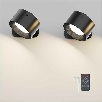 2PACK Romote LED Wall Sconce - Rechargeable Wall Light, 3 Colors & 3 Brightness Levels, 360° Magnetic Rotating Head, Bedside Reading Lamp, Easy Install Battery Operated Wall Lamp Black