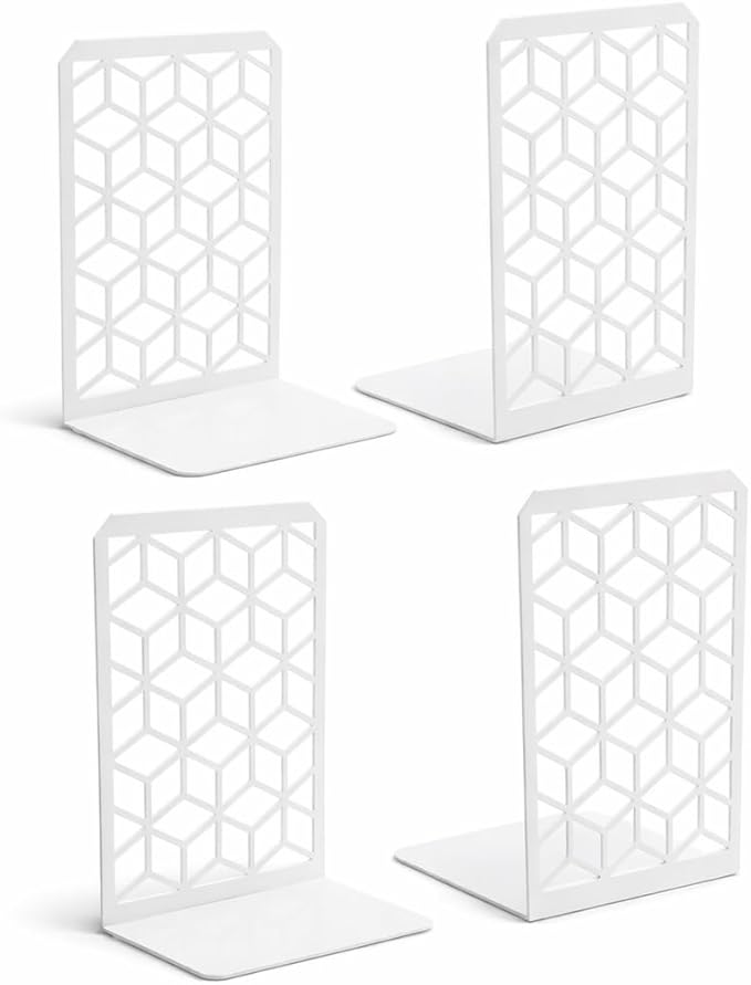 Geomod 3D Cube White Metal Bookends Decorative for Heavy Books - Sturdy Boho Book Stops - Minimal Book Shelf Stopper - Durable Office Bookends - Weighted Metal Book Holders - 7x4.75 Inches - 2 Pair