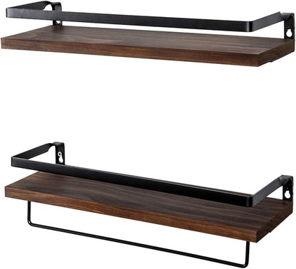 Floating Shelves for Wall, Bathroom Shelves with Towel Bar, Wall Mounted Storage Shelves for Kitchen, Bathroom, Set of 2 Brown