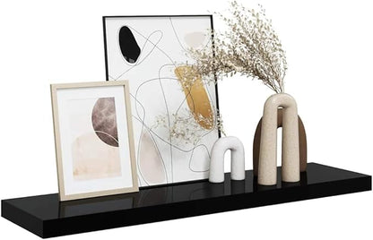 High Gloss Black Floating Wall Shelf Honeycomb MDF Metal Modern Design Storage Display Compact Versatile Installation