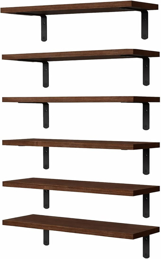 Floating Shelves Set of 6, Wooden Floating Shelves for Wall Decor, Farmhouse Shelf for Bedroom, Wall Mounted Bathroom Storage Shelves, Floating Book Shelves for Living Room