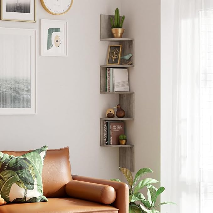 VASAGLE Corner Shelf Wall Mount, 5-Tier Floating Corner Bookshelf, Plant Shelf for Bedroom, Living Room, Bathroom, Home Office, Heather Greige