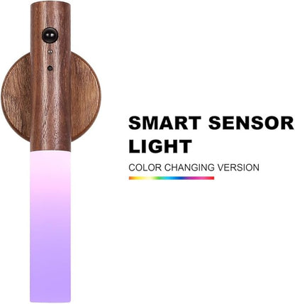 LANDGOO Motion Sensor Night Light RGB & Touch Control | USB-C Rechargeable Wooden Wall Sconce | Bathroom/Bedroom Light for Hallway, Stairs, Closet, Kids Room, Vanity, (Walnut Wood)