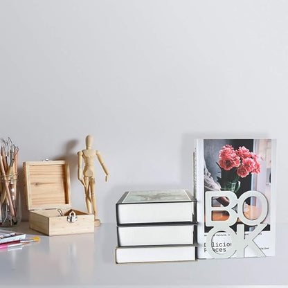 Book Ends - Decorative Metal Book Ends Supports for Bookrack Desk,Books, Unique Appearance Design,Heavy Duty (White, 8 Pair)