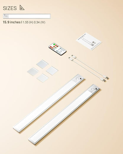 16inch Under Cabinet Lights, LED Motion Sensor Light Indoor, 4000mAh Rechargeable Closet Light with Remote, 3 Color Temps Magnetic Wireless Under Counter Lights for Kitchen, Stair, Pantry, 2 Pack