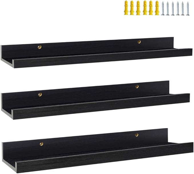 Lavezee 24 Inch Black Wall Mounted Floating Shelves Set of 3, Picture Shelving Ledge for Kitchen, Living Room, Bedroom, Office