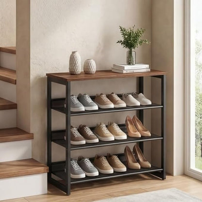 Garden 4 you Shoe Rack for Entryway 4 Tiers 11.8" D x 25" W x 28" H, Metal Shoe Rocks with Brown Wooden Tabletop, Angled Shoes Rack with Adjustable Mesh Shelves for Entryway Hallway Closet