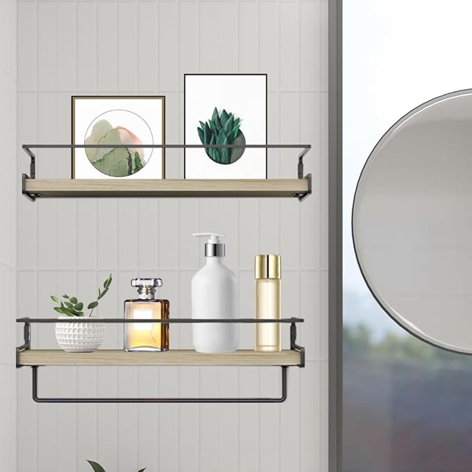 Wall Decor Floating Shelves, Home Decor with Towel Bar/Hooks, Wall Shelves for Bathroom/Living Room/Kitchen/Bedroom, (Black-Natural) Floating Bathroom Shelves