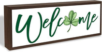 Welcome Sign, Lucky Clover Home Decor for Front Door Porch Shelf, Happy St. Patrick's Day Wooden Decor, Irish Home Decors, Rustic Farmhouse Wooden Block Signs, 9.5x3.1x1 inches