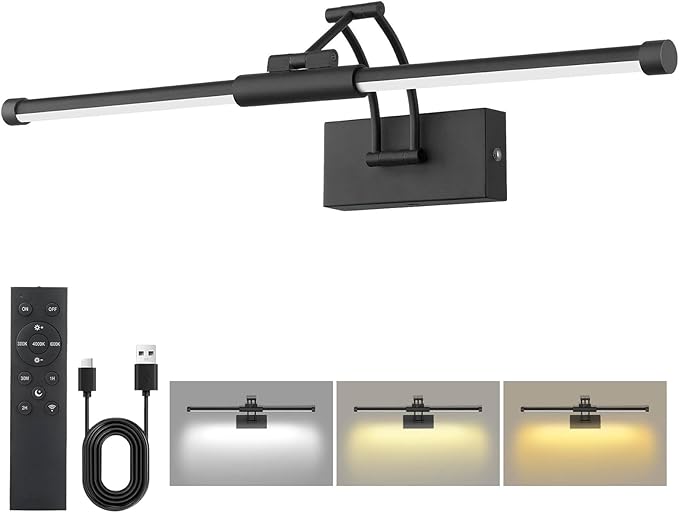 24“ Picture Lights for Wall, 8000mAh Rechargeable Wireless Picture Light with Remote, LED Wall Lights 3000K/4000K/6000K Dimmable, Art Lighting for Paintings Frame Gallery Dartboard, Black