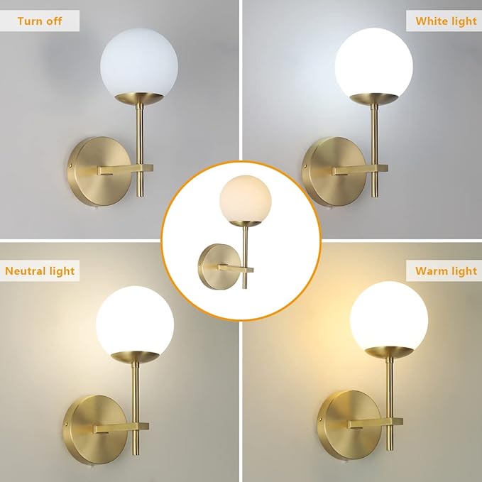 BOKT Brushed Gold Wall Sconce Mid Century Modern 1-Light Globe Round Wall Light Fixture Vintage Bathroom Vanity Wall Sconce Lighting Frosted White Glass Bar Wall Lamp