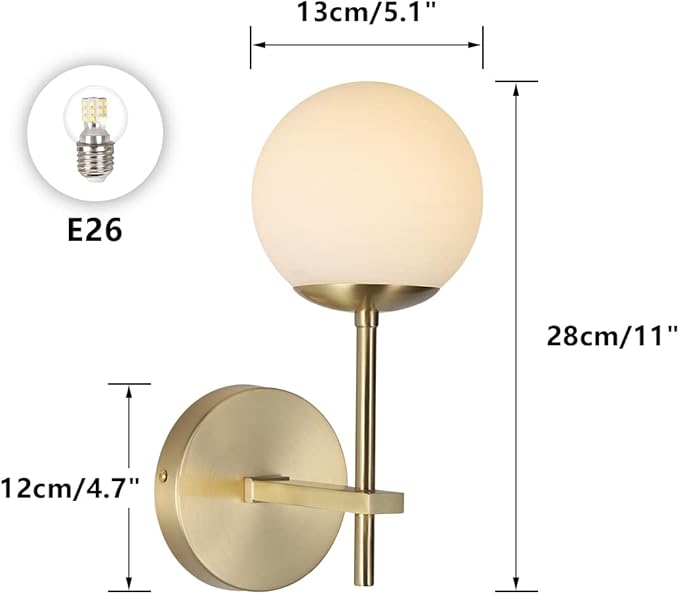 BOKT Brushed Gold Wall Sconce Mid Century Modern 1-Light Globe Round Wall Light Fixture Vintage Bathroom Vanity Wall Sconce Lighting Frosted White Glass Bar Wall Lamp