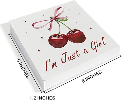 Cherry Decor - Bow Decor for Girls Room - Cherry Decoration for Home - I'm Just a Girl Wood Sign Home Girls Bedroom Nursery Dorm Desk Shelf Table Tabletop Decorations 5×5 Inches