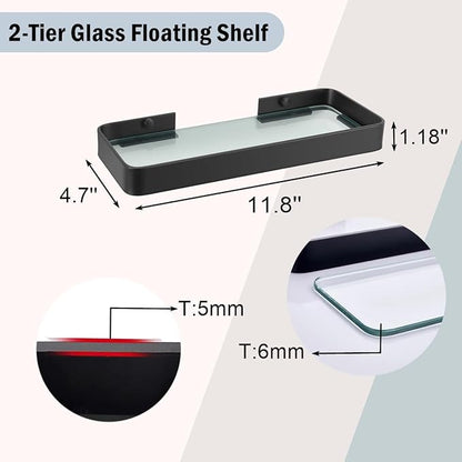 Z metnal Small Glass Bathroom Shelves, Matte Black Floating Shelf Wall Shelf Organizer, Wall Mounted (Clear Glass, 11.8 inch)