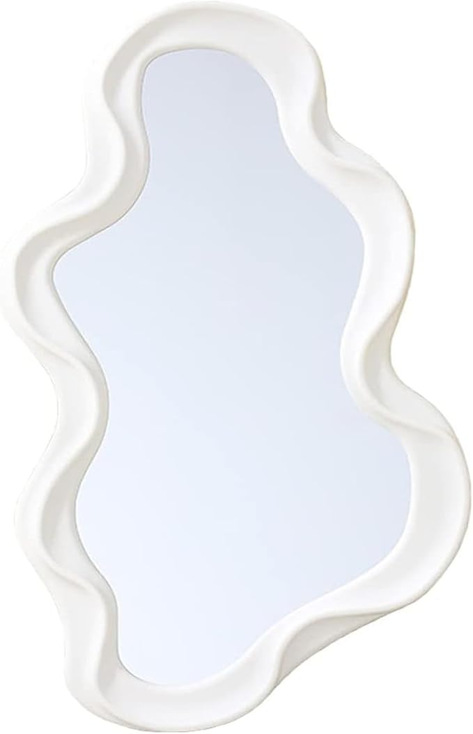 Mokoze Asymmetrical Wall-Mounted Mirror, Creative Unique Decorative Mirrors, Funky Wavy Mirror 16.14"x9.84" Irregular Border White Mirror for Bathroom Living Room Decoration
