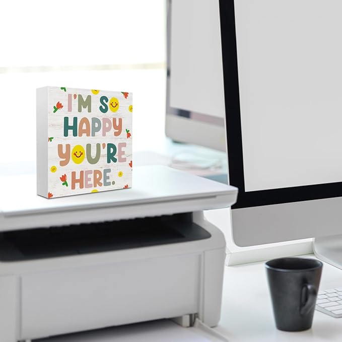 Classroom Decor Wooden Box Sign, inspirational Wood Box Sign, Inspirational Gifts Desk Decor Signs For Classroom, I Am So Happy You’re Here Boho Positive Decorative Signs