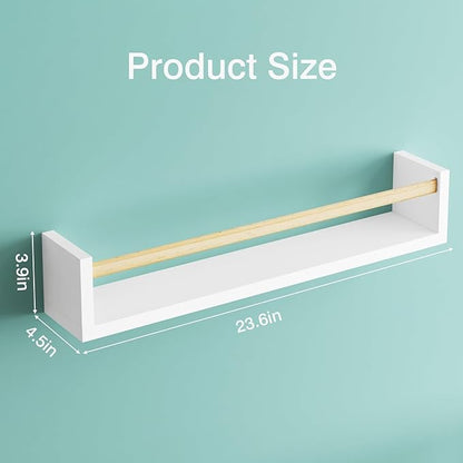 Fixwal Nursery Book Shelves, 23.6 Inch Floating Bookshelves for Wall Set of 4, Baby Nursery & Playroom Decor, Solid Wood Wall Mounted Shelves for Books and Toys Storage (White and Natural Wood)