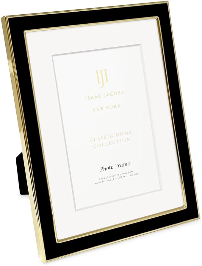 Isaac Jacobs 6x8 (Matted 4x6) Black Enamel Picture Frame with Gold Metal Edge and Easel, Tabletop Display, Wall Décor, Photo Gallery, (6x8 (Matted 4x6), Black with Gold)