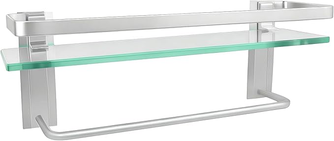 Bathroom Shelves with Towel Holder Rustproof 15.7'' Tempered Glass Shelf with Rails Wall Mounted Stainless Steel, Polished Chrome Decorative