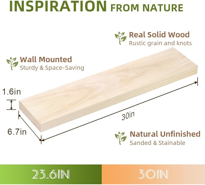 Habudda Floating Shelves, Wall Shelf, Unfinished Solid Natural Wood for DIY