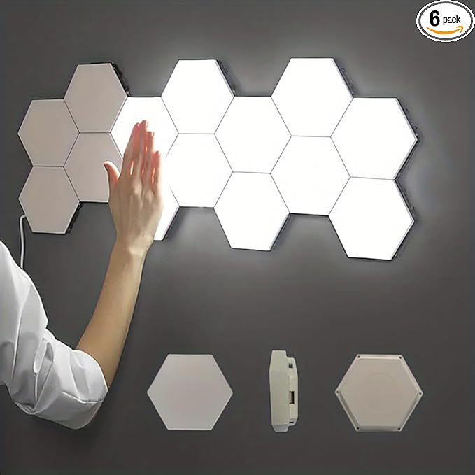 Hexagon Lights, Minimalist White Touch Night Light, Center Touch-Sensitive Wall Panels, Hex Light with USB-Power for Autism, Game Room Decor, Party (6)