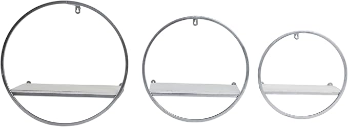 Set of 3 Metal and Wood Round Wall Shelves – Floating Storage Shelves for Wall, Living Room or Bedroom Wall Decor, Modern Circular Wall Storage, Home Decor – 16 & 14 & 12" Silver Metallic Finish
