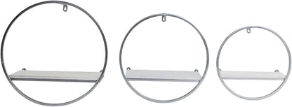 Set of 3 Metal and Wood Round Wall Shelves – Floating Storage Shelves for Wall, Living Room or Bedroom Wall Decor, Modern Circular Wall Storage, Home Decor – 16 & 14 & 12" Silver Metallic Finish