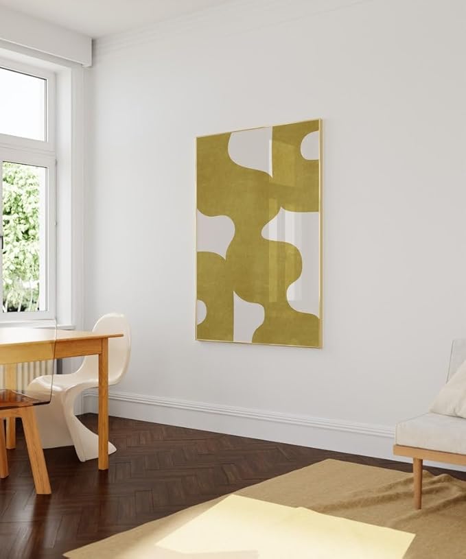 Nationcog Mustard Yellow Mid Century Wall Art, Minimalist Abstract Poster with Beige Tones, Bold Organic Shape Print, Modern Neutral Decor for Living Room or Office (Unframed) (12x18)