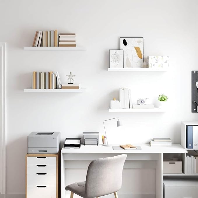 Set of 4 White Floating Wall Shelves, Honeycomb MDF and Metal Frame, 31.5x9.3x1.5 Inches, Modern Invisible Mounting System for Living Room Bedroom Office Storage and Display