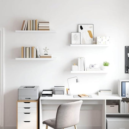 Set of 4 White Floating Wall Shelves, Honeycomb MDF and Metal Construction 31.5x9.3x1.5 Inches, Modern Invisible Mounting System for Living Room Bedroom Office Storage