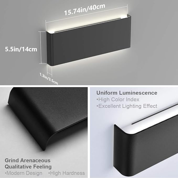 Aipsun 15.8in Black Modern Vanity Light Up and Down LED Vanity Light for Bathroom Wall Lighting Fixtures (White Light 5000K)