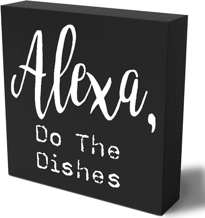 Funny Kitchen Wooden Box Sign Plaque Alexa Do the Dishes Wood Box Sign Rustic Art Home Shelf Desk Decor 5 X 5 Inches…