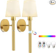 Battery Operated Wall Sconce, Wireless Wall Lamp Set of 2 RGB Dimmable Rechargeable Wall Lights with Bulbs and Remote, 12 Colors Gold Wall Sconces for Bedroom Nightstand Living Room Hallway