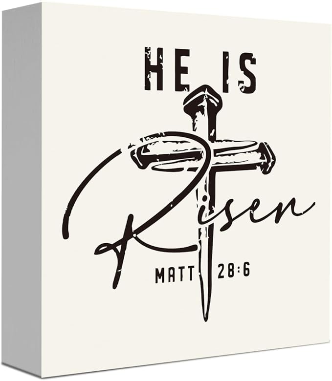 Inspirational Christian Sign Christian Decor Rustic Farmhouse Religious Jesus Decorations Gifts for Women Home Office Desk Table Shelf Decor He Is Risen Matt 28:6 Wooden Sign 5 X 5 Inch