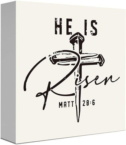 Inspirational Christian Sign Christian Decor Rustic Farmhouse Religious Jesus Decorations Gifts for Women Home Office Desk Table Shelf Decor He Is Risen Matt 28:6 Wooden Sign 5 X 5 Inch