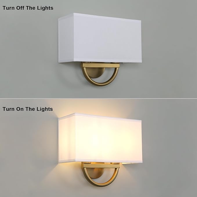 Yosoan White Fabric Cloth Boho Aged Brass Gold Wall Sconce Stairwell Fixture Light, 2-Light Indoor Hardwired Dual Vanity Wall Mount Vintage Antique Metal Base Lights Square Shade for Bedside Hallway