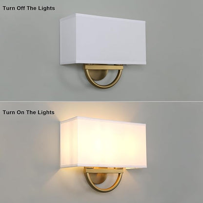 Yosoan White Fabric Cloth Boho Aged Brass Gold Wall Sconce Stairwell Fixture Light, 2-Light Indoor Hardwired Dual Vanity Wall Mount Vintage Antique Metal Base Lights Square Shade for Bedside Hallway