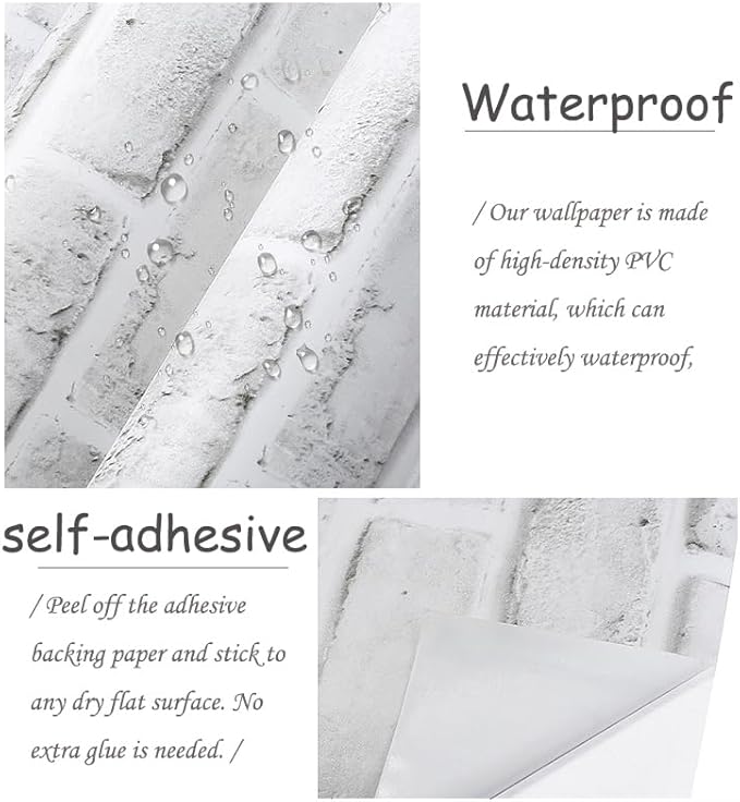 Cohoo Home Brick Wallpaper Peel and Stick Contact Paper 512inL 18inW Faux 3D Brick Contact Paper for Wall White Gray Self Adhesive Removable Wallpaper Backsplash Bedroom Wall Sticky Waterproof Thick