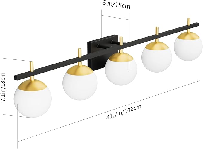 Ralbay Mid Century Modern Bathroom Vanity Light Fixture 5 Light Milky Glass Globe Modern Bathroom Light Fixture Over Mirror, Black/Golden 5 Light