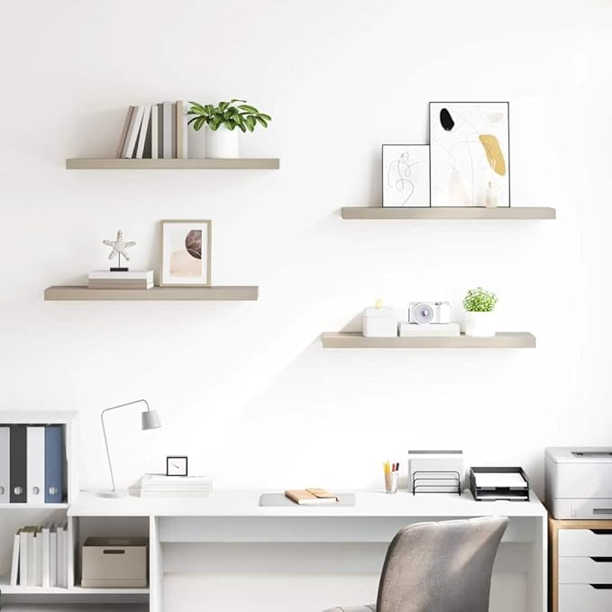 Set of 4 Oak Floating Wall Shelves, Modern Minimalist Honeycomb MDF and Metal Design for Home Storage and Display, 31.5" Long, 9.3" Wide, 22 lbs Capacity Each, Secure