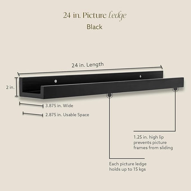 (24 in | 61 cm) Black Pine Wood Wall Mounted Floating Picture Ledge Shelf | Ideal for Bedroom, Kitchen, Bathroom, Office, Easy Installation, Mounting Hardware Included